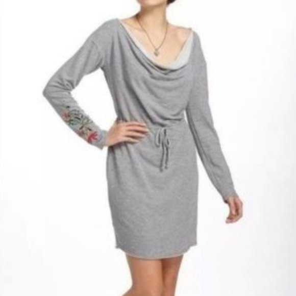 Grey Crowlneck Dress, Gray, Embroidered Dress, Anthropologie - Picture 1 of 8
